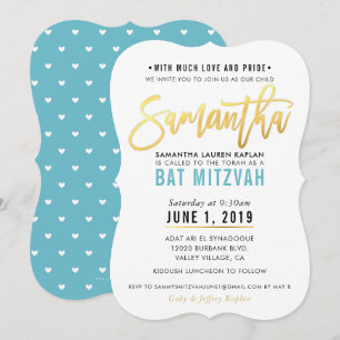 Invitation BAT MITZVAH en or bleu turquoise script SAMANTHA