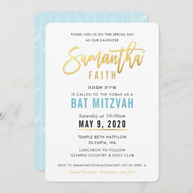 Invitation BAT MITZVAH en or bleu turquoise script SAMANTHA (Devant / Derrière)
