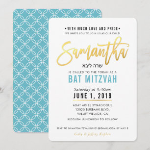 Invitation BAT MITZVAH en or bleu turquoise script SAMANTHA