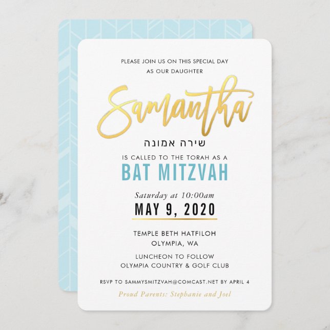 Invitation BAT MITZVAH en or bleu turquoise script SAMANTHA (Devant / Derrière)