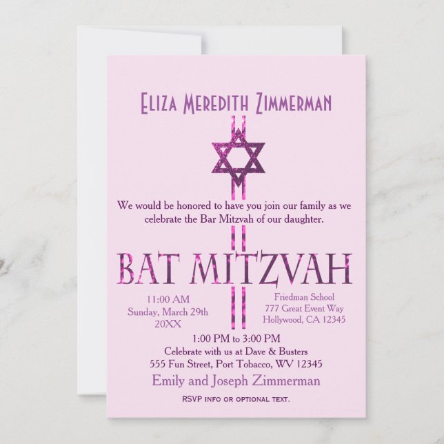 Invitation Bat mitzvah | Étoile de David | Rose (Devant)