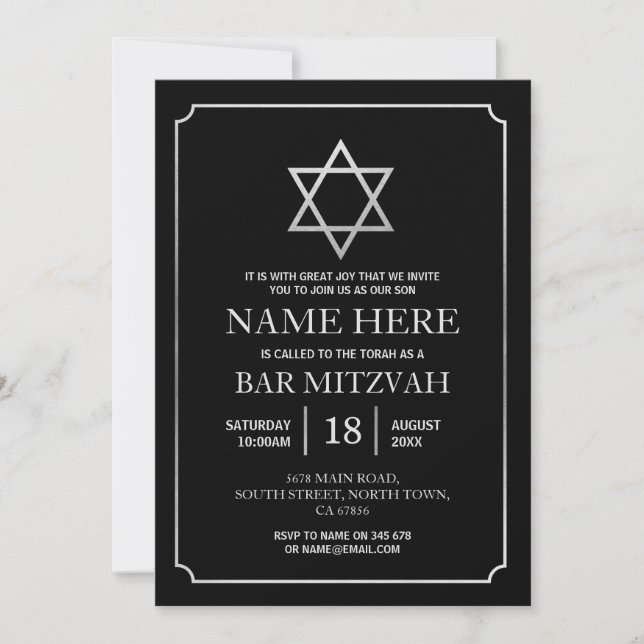 Invitation Bat Mitzvah Étoile Noire Argent Juive (Devant)