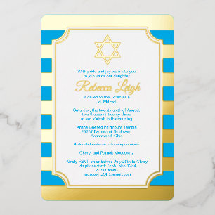 Invitation Bat mitzvah étoile rayé bleu, or