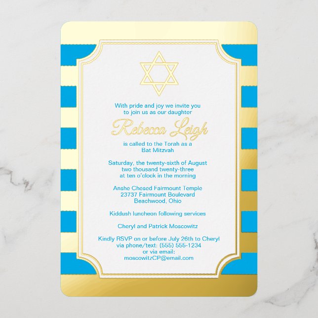 Invitation Bat mitzvah étoile rayé bleu, or (Recto)