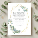 Invitation Bat mitzvah Eucalyptus géométrique aquarelle<br><div class="desc">Forêt eucalyptus vert invitation bat mitzvah avec cadre géométrique or personnalisable à vos spécificités d'événement. Célébrez cette étape importante avec une élégante invitation Bat mitzvah avec des accents d'eucalyptus à l'aquarelle douce et un cadre géométrique doré moderne. La typographie épurée et le design minimaliste apportent sophistication et grâce, le rendant...</div>
