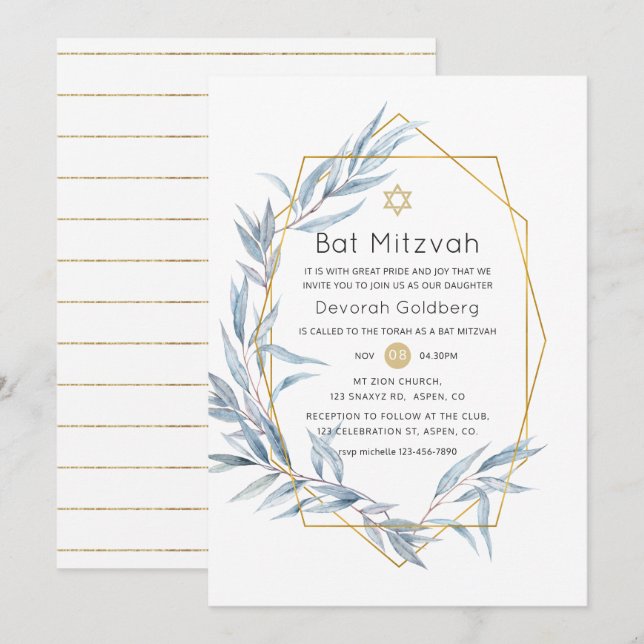 Invitation Bat mitzvah Eucalyptus géométrique bleu et or (Devant / Derrière)