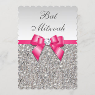 Invitation Bat mitzvah Faux Silver Sequins Hot Pink Bow