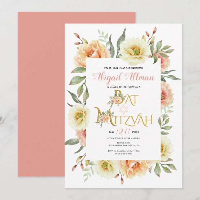 Invitation Bat mitzvah fleuri à fleurs d'aquarelle de pêche (Devant / Derrière)
