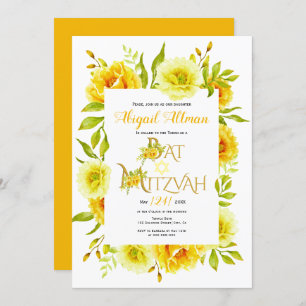 Invitation Bat mitzvah fleuri à fleurs d'aquarelle jaune
