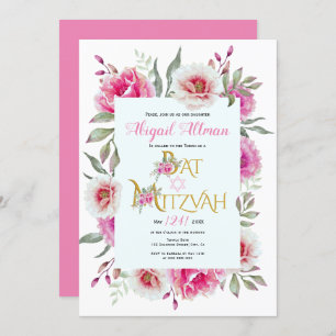 Invitation Bat mitzvah fleuri à l'eau rose chaud