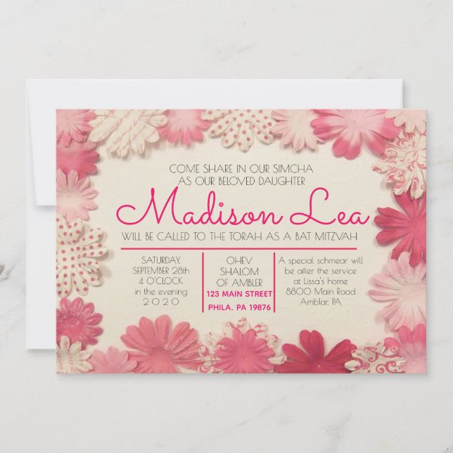Invitation Bat Mitzvah Fleurs en Papier (Devant)