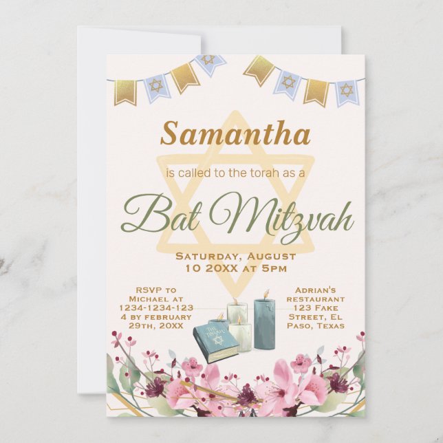 Invitation bat mitzvah : Fleurs, torah (Devant)