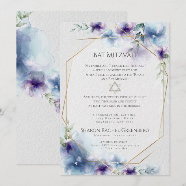 Invitation BAT MITZVAH | Floral aquarelle bleu et violet (Devant / Derrière)