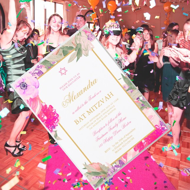 Invitation Bat mitzvah Floral Blanc couleur or juif (Créateur téléchargé)