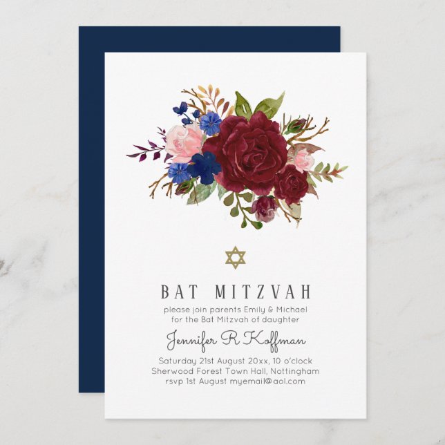 Invitation Bat mitzvah floral bleu Bourgogne enchanté (Devant / Derrière)