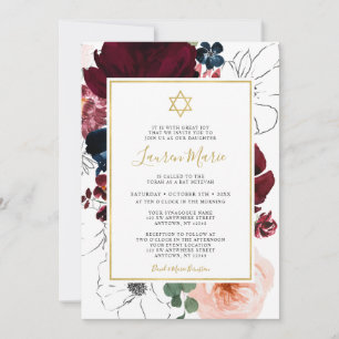 Invitation Bat mitzvah Floral bleu de la marine de Bourgogne