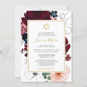 Invitation Bat mitzvah Floral bleu de la marine de Bourgogne
