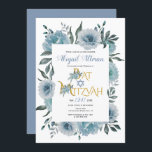 Invitation Bat mitzvah floral bleu-duvet<br><div class="desc">Bat mitzvah floral de fleurs d'aquarelle bleu poussiéreux Invitation. Ce bel invitation présente une bordure florale faite de fleurs de cactus bleues poussiéreuses,  le texte "Bat mitzvah" en or dans une police décorative et votre texte.</div>