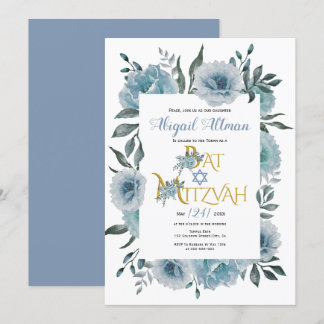 Invitation Bat mitzvah floral bleu-duvet
