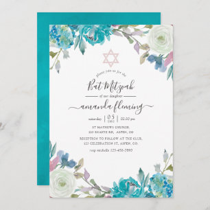 Invitation Bat mitzvah floral bleu et turquoise