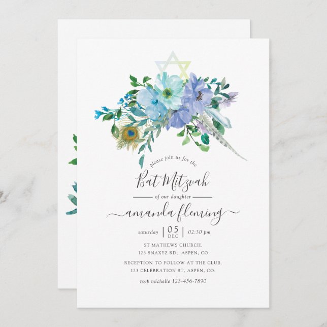 Invitation Bat mitzvah floral Boho à la menthe et à l'aquarel (Devant / Derrière)