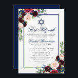 Invitation Bat mitzvah Floral Bourgogne Bleu Argent Invitatio<br><div class="desc">Aquarelle bat mitzvah Bourgogne Marsala bleu Floral Argent Carte d'invitation</div>