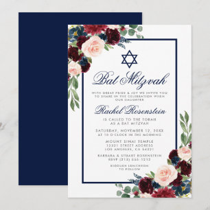 Invitation Bat mitzvah Floral Bourgogne Bleu Argent Invitatio