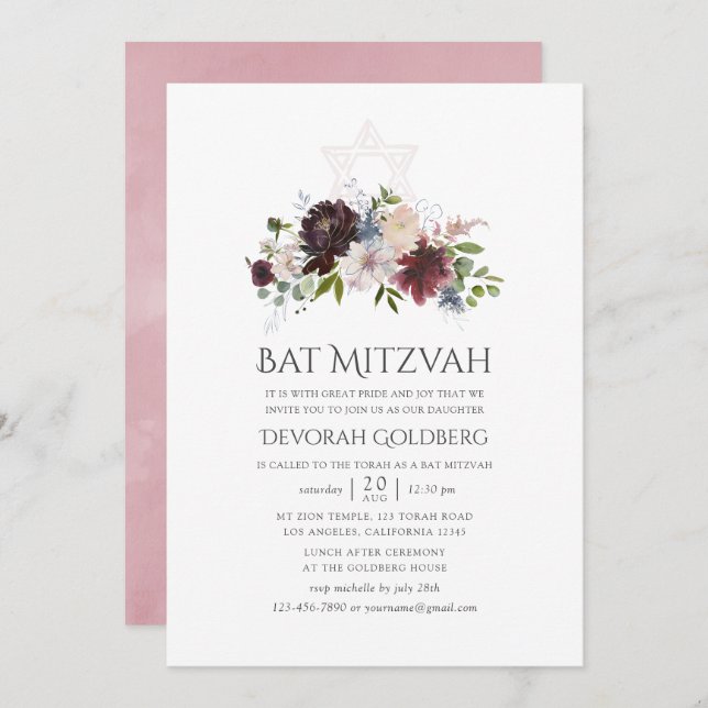 Invitation Bat mitzvah floral Bourgogne et bleu (Devant / Derrière)