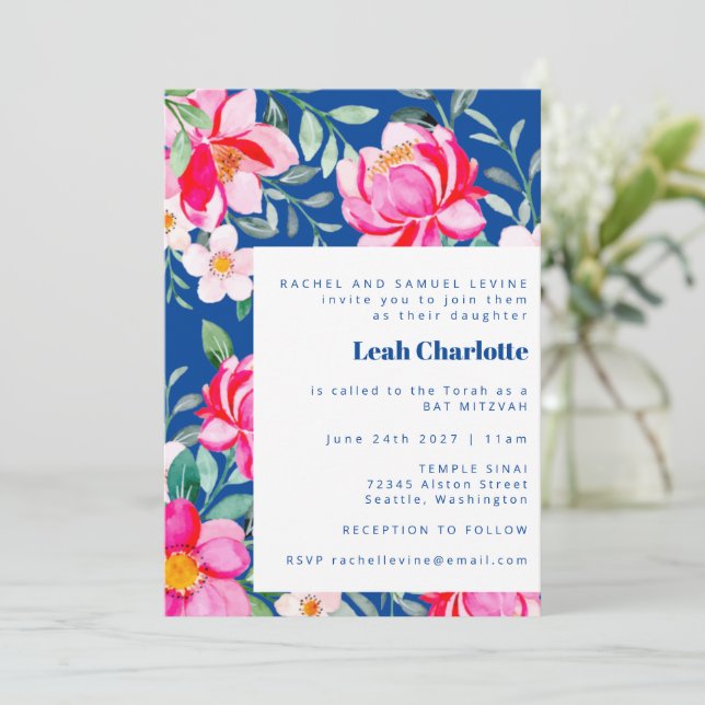Invitation Bat mitzvah floral chic rose chaud (Debout devant)