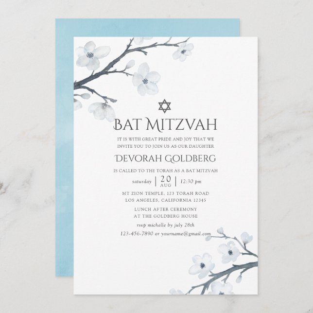 Invitation Bat mitzvah floral de fleurs de cerisiers (Devant / Derrière)