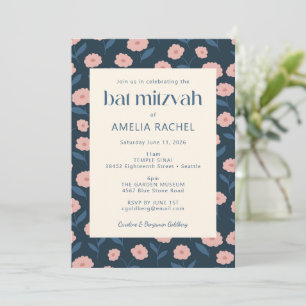 Invitation Bat mitzvah floral de la marine moderne bleu rose 