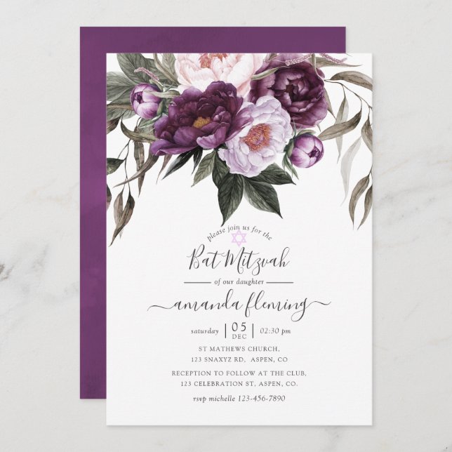 Invitation Bat mitzvah floral de velours profond (Devant / Derrière)