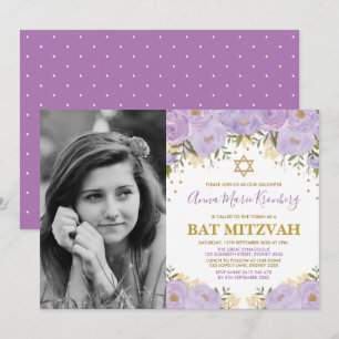 Invitation Bat mitzvah floral d'or pourpre Girly de lavande