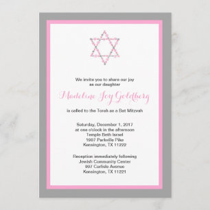 Invitation Bat mitzvah floral gris rose d'étoile de David