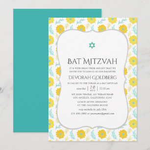 Invitation Bat mitzvah floral jaune et Turquoise