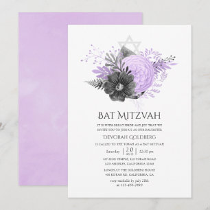 Invitation Bat mitzvah floral Lilac et charbon de bois