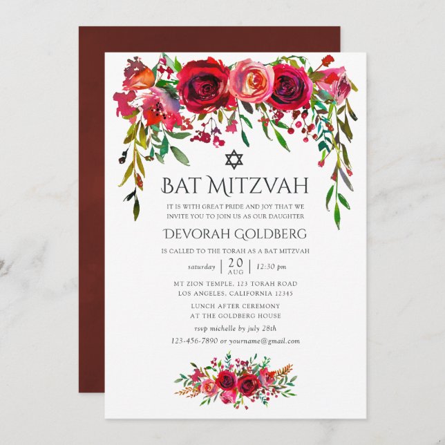 Invitation Bat mitzvah floral Marsala-Bourgogne (Devant / Derrière)