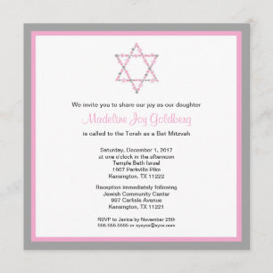 Invitation Bat mitzvah floral moderne rose et gris