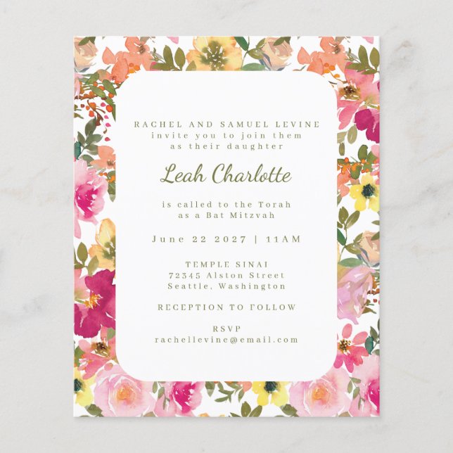 Invitation Bat mitzvah floral rose budget (Devant)