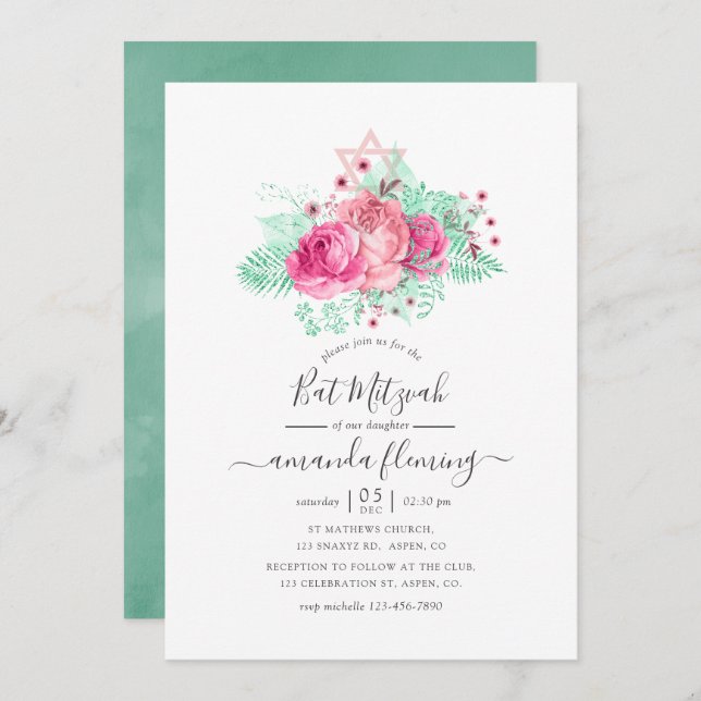 Invitation Bat mitzvah floral rose et menthe (Devant / Derrière)