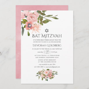 Invitation Bat mitzvah floral rose et Rose or