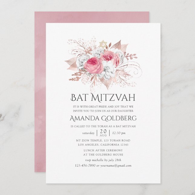 Invitation Bat mitzvah floral rose et Rose or (Devant / Derrière)
