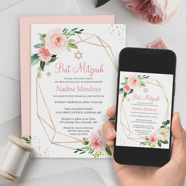 Invitation Bat Mitzvah | Floral Rose Géométrique Blush (The customizable template allows you to add your personal touch using Zazzle's design tool.)