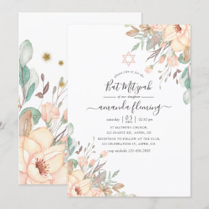 Invitation Bat mitzvah floral rose pâle