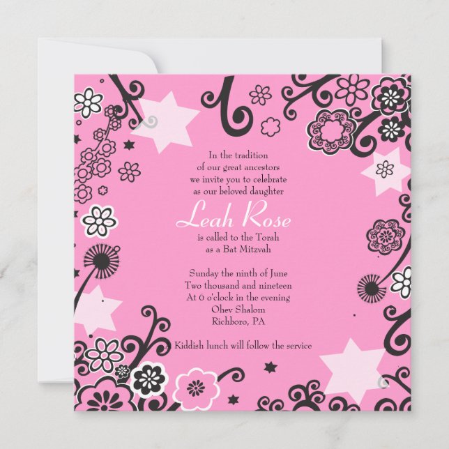 Invitation Bat mitzvah Floral Star Rose (Devant)
