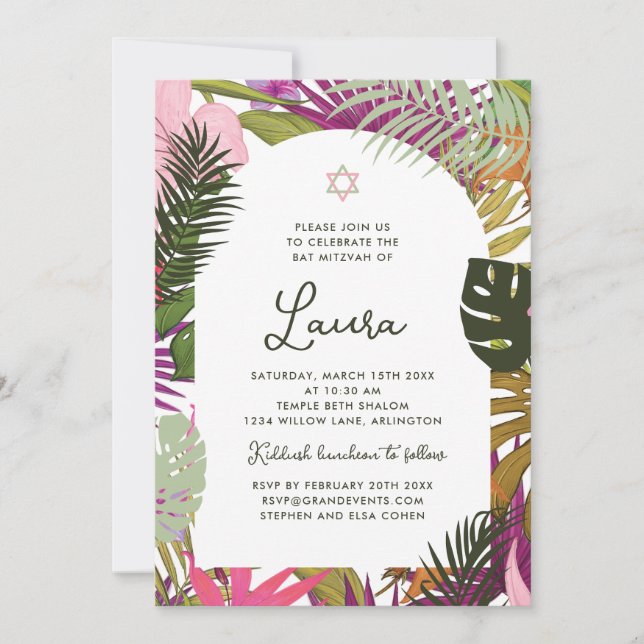 Invitation Bat Mitzvah Floral Tropical (Devant)