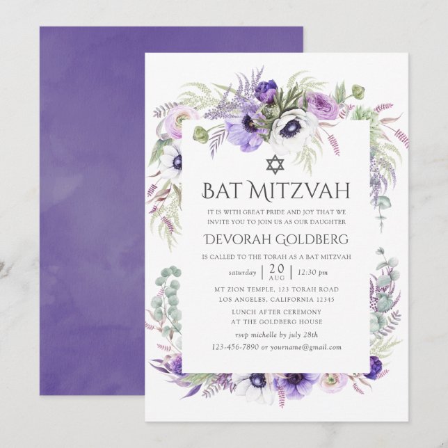 Invitation Bat mitzvah floral ultra violet (Devant / Derrière)