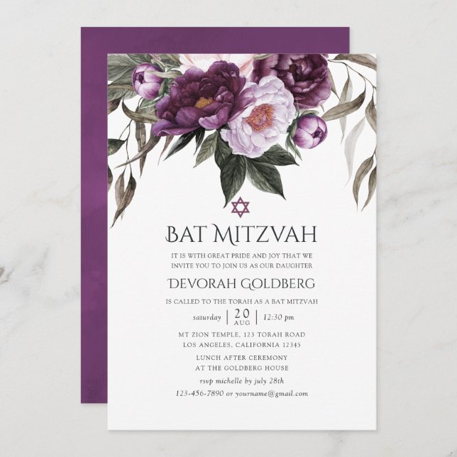 Invitation Bat mitzvah floral velours profond (Devant / Derrière)