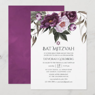 Invitation Bat mitzvah floral velours profond
