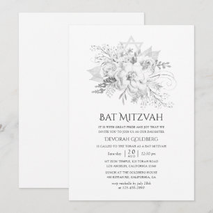 Invitation Bat mitzvah floral Vintage blanc et argent